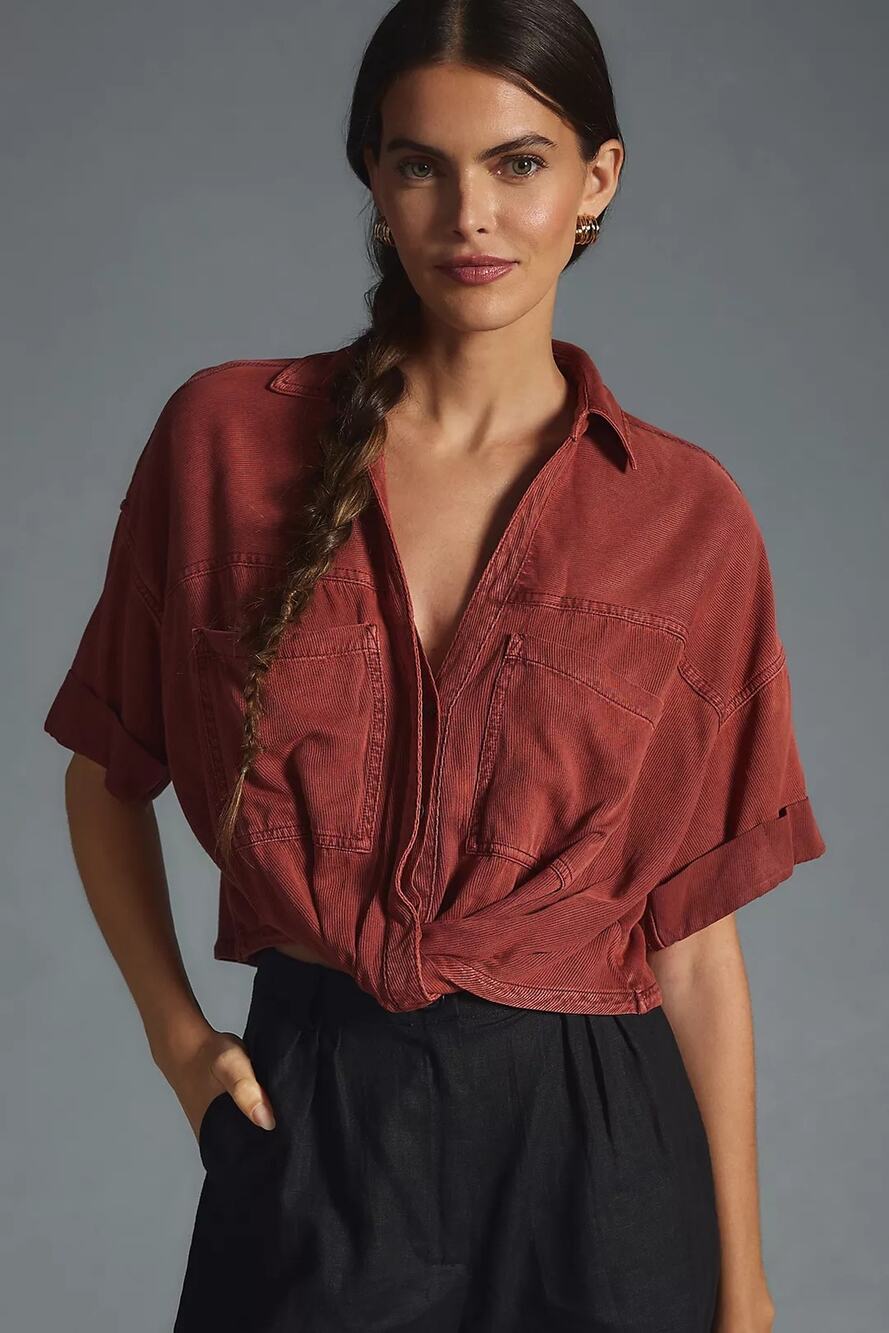 Anthropologie Pilcro Cropped Twist-Front Utility Shirt, Size XL